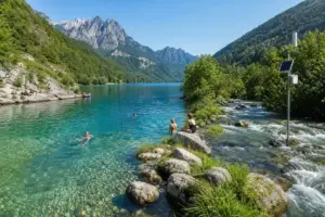 Lago alpino dalle acque turchesi con bagnanti, montagne sullo sfondo e sensore di monitoraggio vicino al fiume