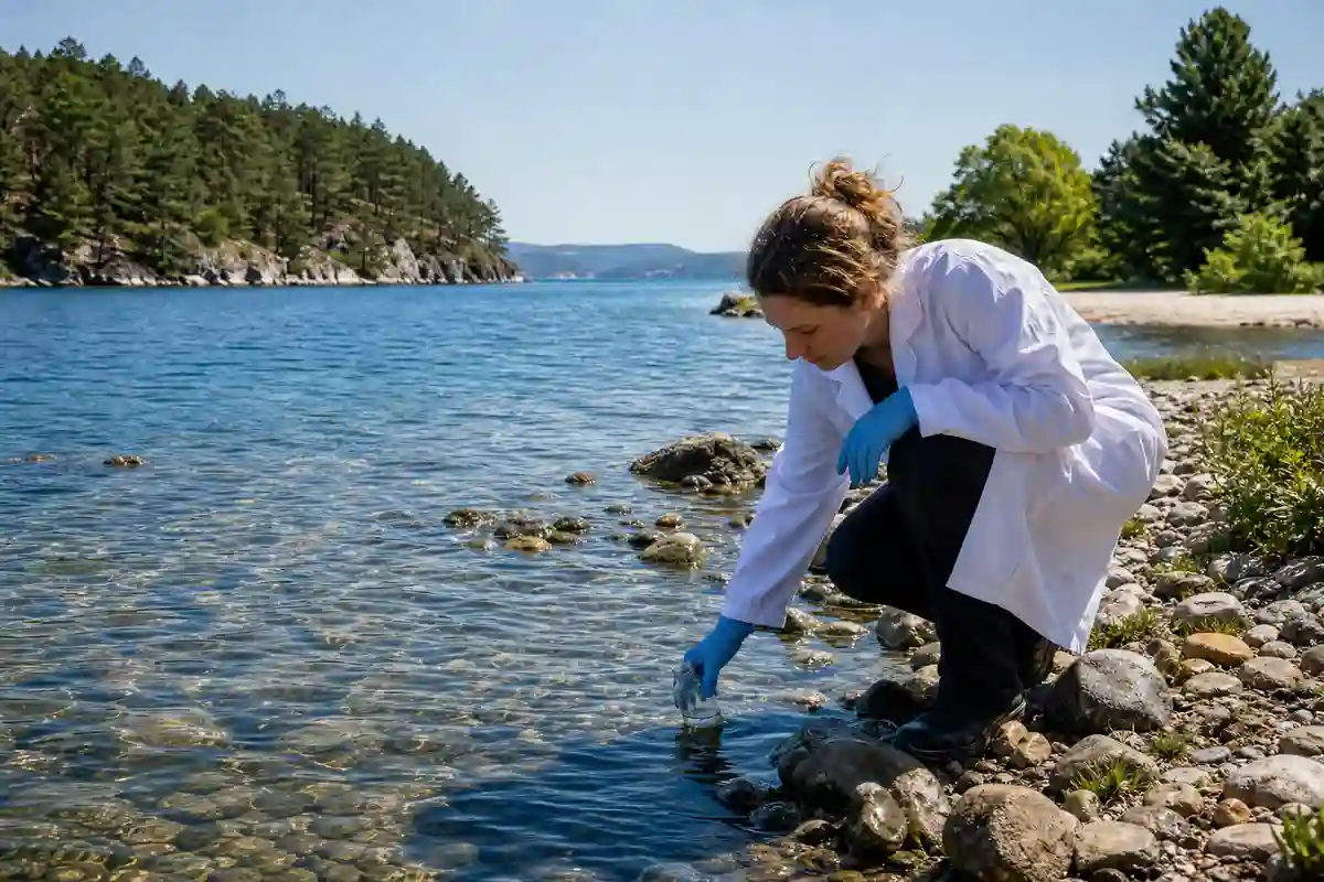 Ricercatrice in camice e guanti blu raccoglie un campione d’acqua con una bottiglia sulla riva di un lago