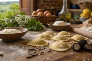 Ravioli freschi su tavolo di legno infarinato con tartufo nero, formaggio grattugiato, uova e olio d’oliva