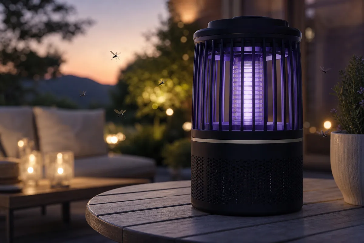Lampada antizanzare UV accesa su un tavolo da esterno al tramonto, con zanzare che volano intorno