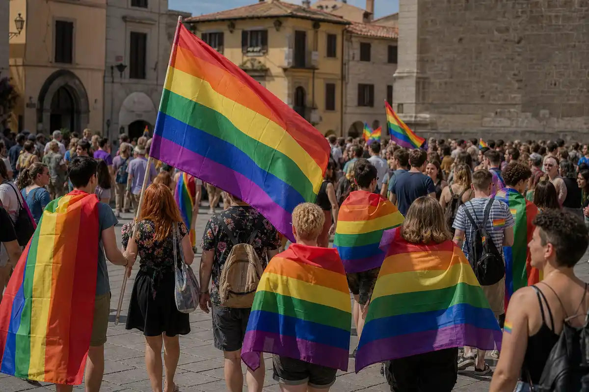 Corteo Pride in una piazza con persone avvolte in bandiere arcobaleno e una grande bandiera in primo piano