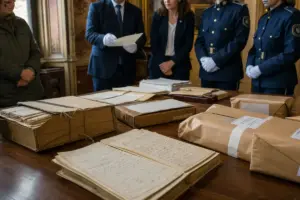Documenti storici e fascicoli d’archivio su un tavolo, con funzionari e ufficiali in divisa sullo sfondo