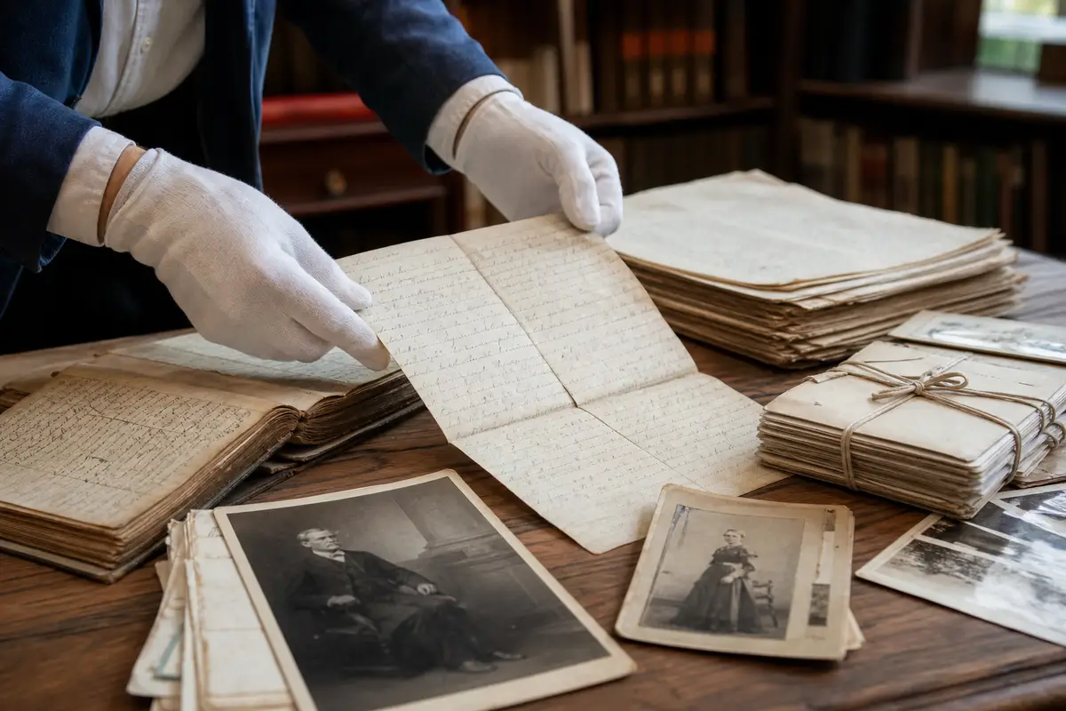 Mani con guanti esaminano documenti d’archivio antichi su un tavolo, con fascicoli legati e foto d’epoca