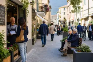 Via commerciale in un borgo italiano, negoziante con tablet e passanti tra panchine e fioriere