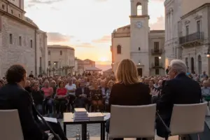 Relatori su un palco in piazza storica al tramonto, davanti a un pubblico seduto, con microfoni e libri sul tavolo