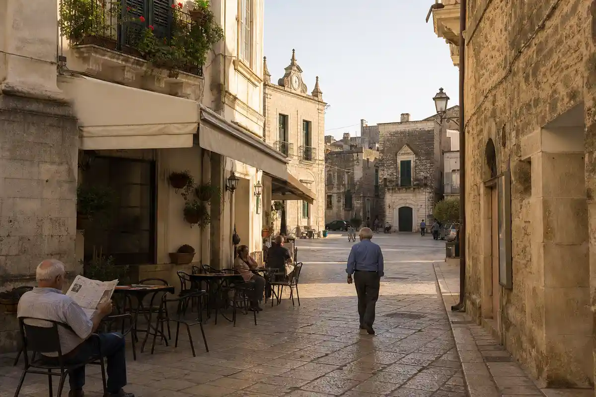 Piazza in un borgo del Sud Italia con tavolini di un caffè, uomo che legge il giornale e passanti al mattino