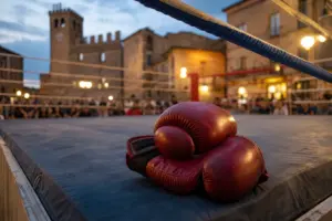 Guantoni da boxe rossi appoggiati sul ring all’aperto in piazza al tramonto, con pubblico e palazzi sullo sfondo