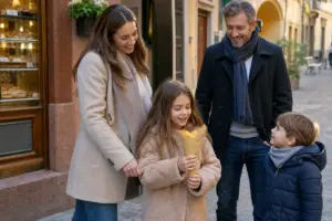 Famiglia con due bambini in una via acciottolata vicino a una panetteria, bimba con cono di snack in mano