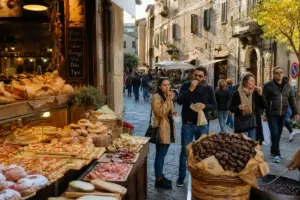 Banco di forno in un vicolo con pane, pizza al taglio, salumi e castagne arrosto, persone che mangiano passeggiando