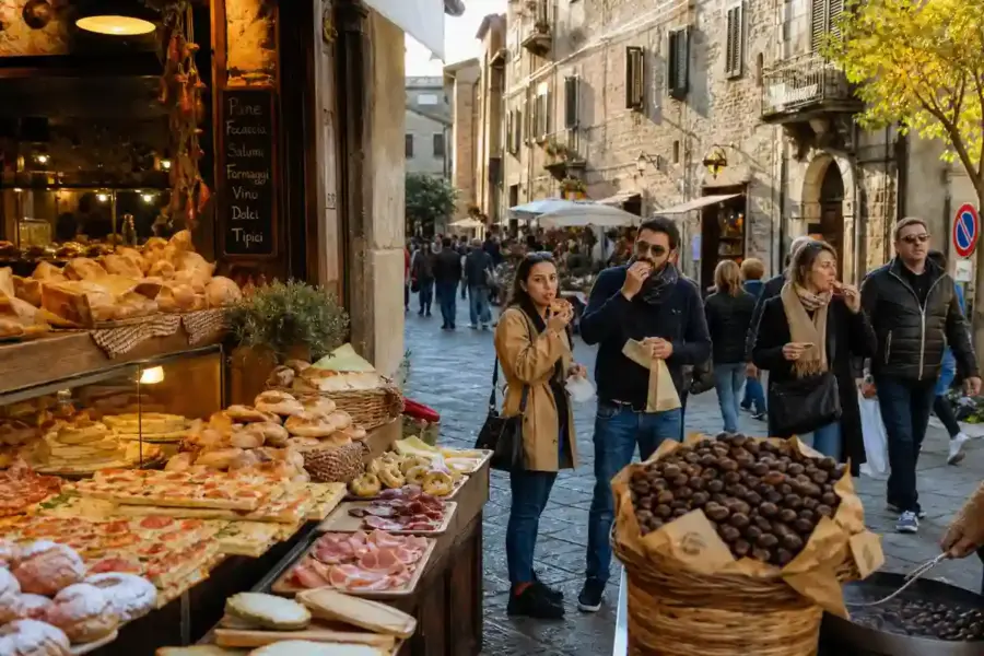 Banco di forno in un vicolo con pane, pizza al taglio, salumi e castagne arrosto, persone che mangiano passeggiando
