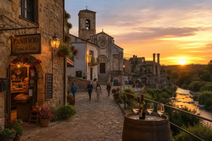 Vicolo in pietra al tramonto con panificio, chiesa, rovine con colonne, fiume e calici di vino su botte