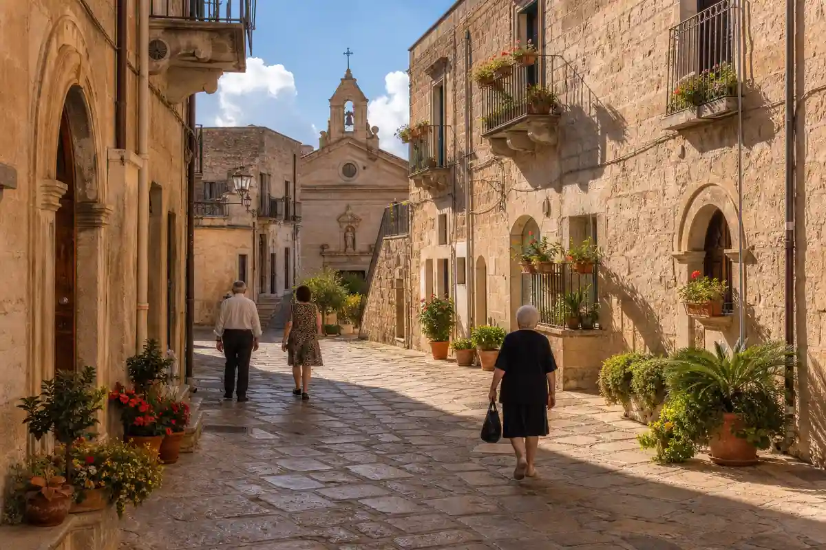 Vicolo in pietra con vasi di fiori e una piccola chiesa sullo sfondo, persone che passeggiano al sole