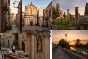 Collage con vicolo in pietra, facciata di chiesa barocca, colonne tra rovine, tavolo con vino e piatti, e passeggiata sul