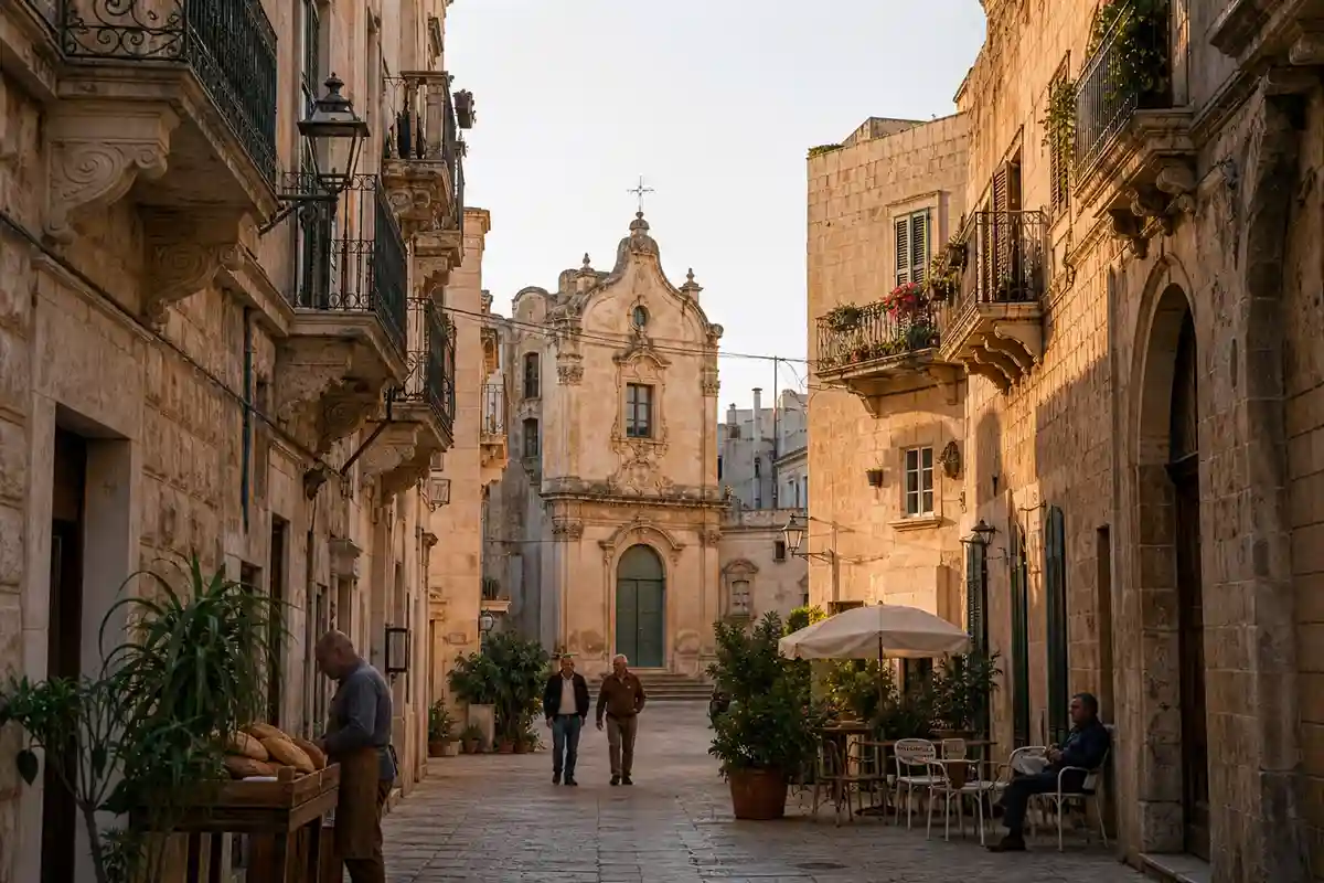 Vicolo in pietra con facciata di chiesa barocca, balconi e tavolini all’aperto, persone che passeggiano