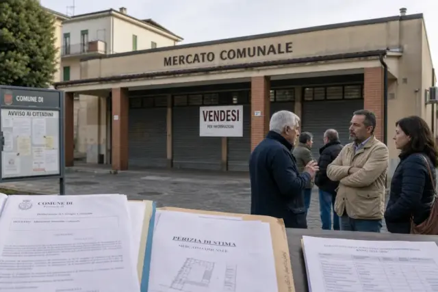 Mercato comunale con serrande chiuse e cartello “Vendesi”, cittadini che discutono e documenti di stima in primo piano
