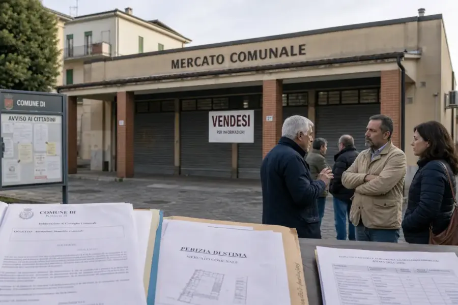 Mercato comunale con serrande chiuse e cartello “Vendesi”, cittadini che discutono e documenti di stima in primo piano