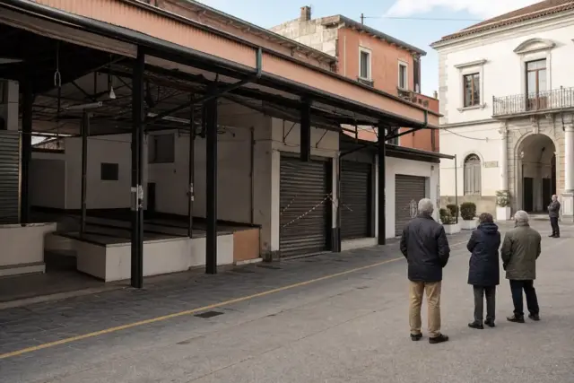 Mercatino rionale chiuso con serrande abbassate e tre residenti che osservano la struttura in una piazza