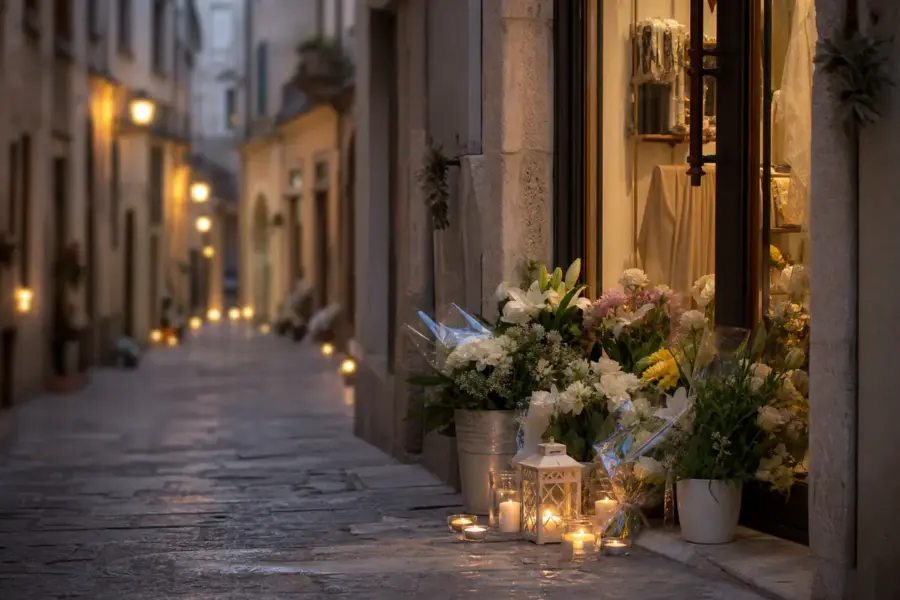 Fiori e candele davanti a una vetrina illuminata in una stretta via di paese al tramonto