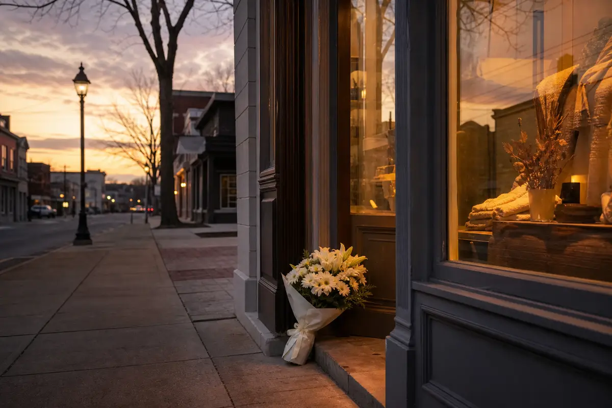 Bouquet di fiori bianchi davanti all’ingresso di una boutique illuminata al tramonto, in una strada silenziosa