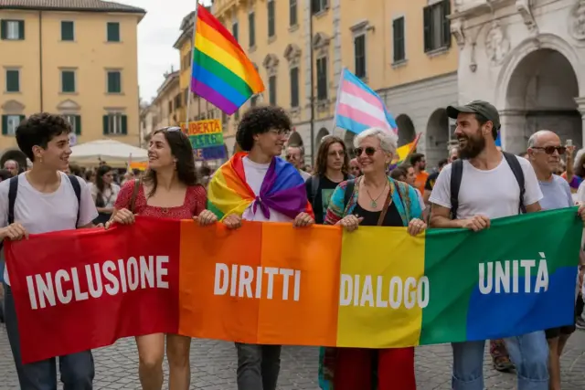 Persone in corteo Pride in una piazza italiana con bandiera arcobaleno e striscione “Inclusione, Diritti, Dialogo, Unità