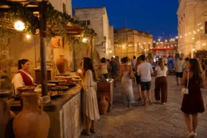 Stand di street food con anfore in terracotta e folla in un centro storico al tramonto, luci sospese e musica live