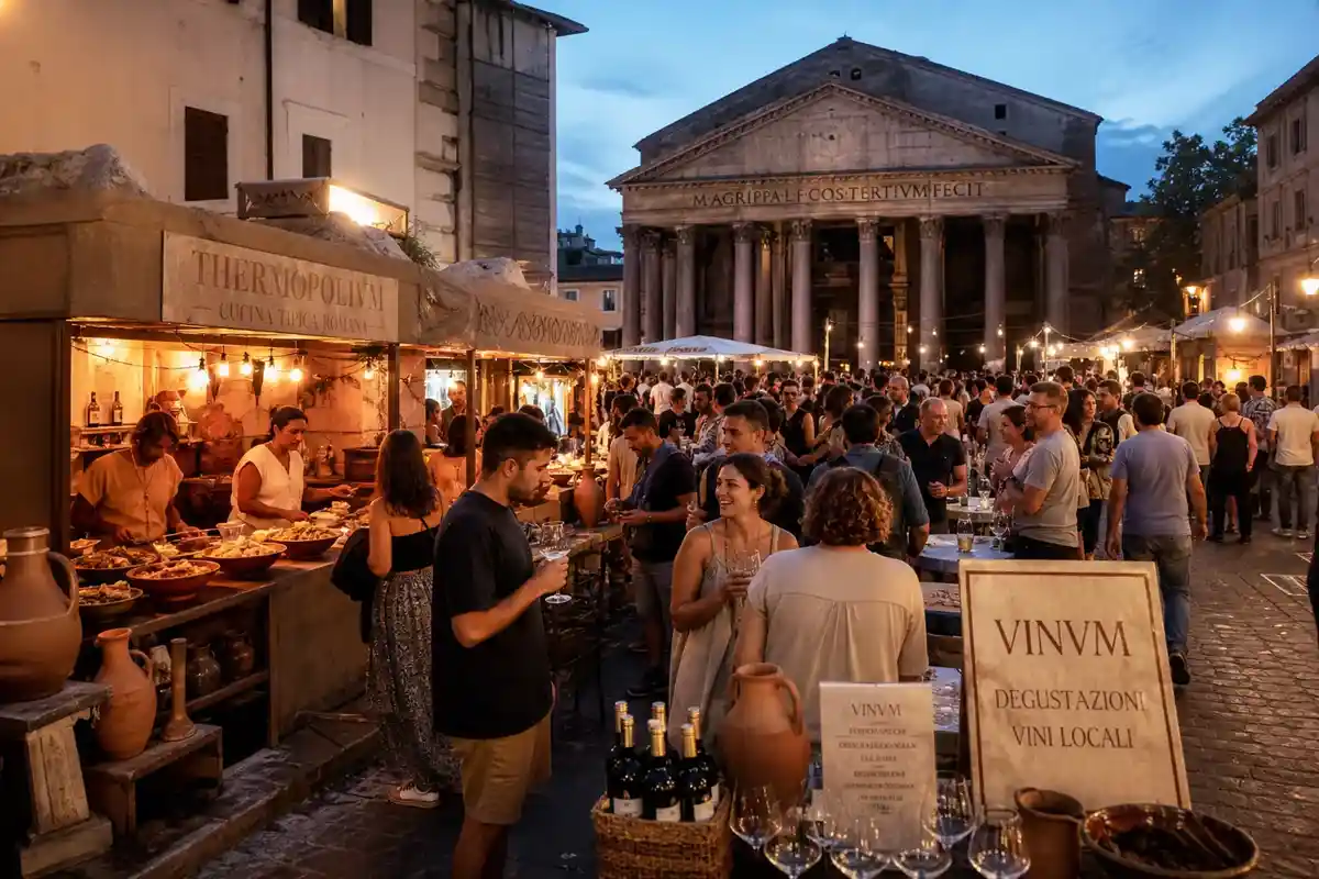 Folla in piazza al tramonto tra stand gastronomici e degustazione vini, con luci e tempio sullo sfondo