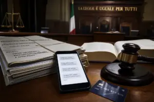 Aula di tribunale con fascicoli d’indagine, smartphone con codici OTP, carta di pagamento e martelletto del giudice