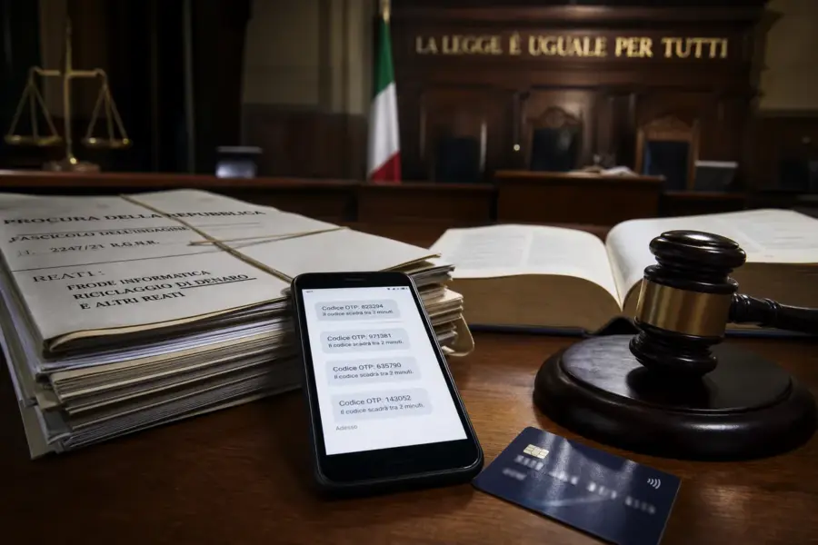 Aula di tribunale con fascicoli d’indagine, smartphone con codici OTP, carta di pagamento e martelletto del giudice