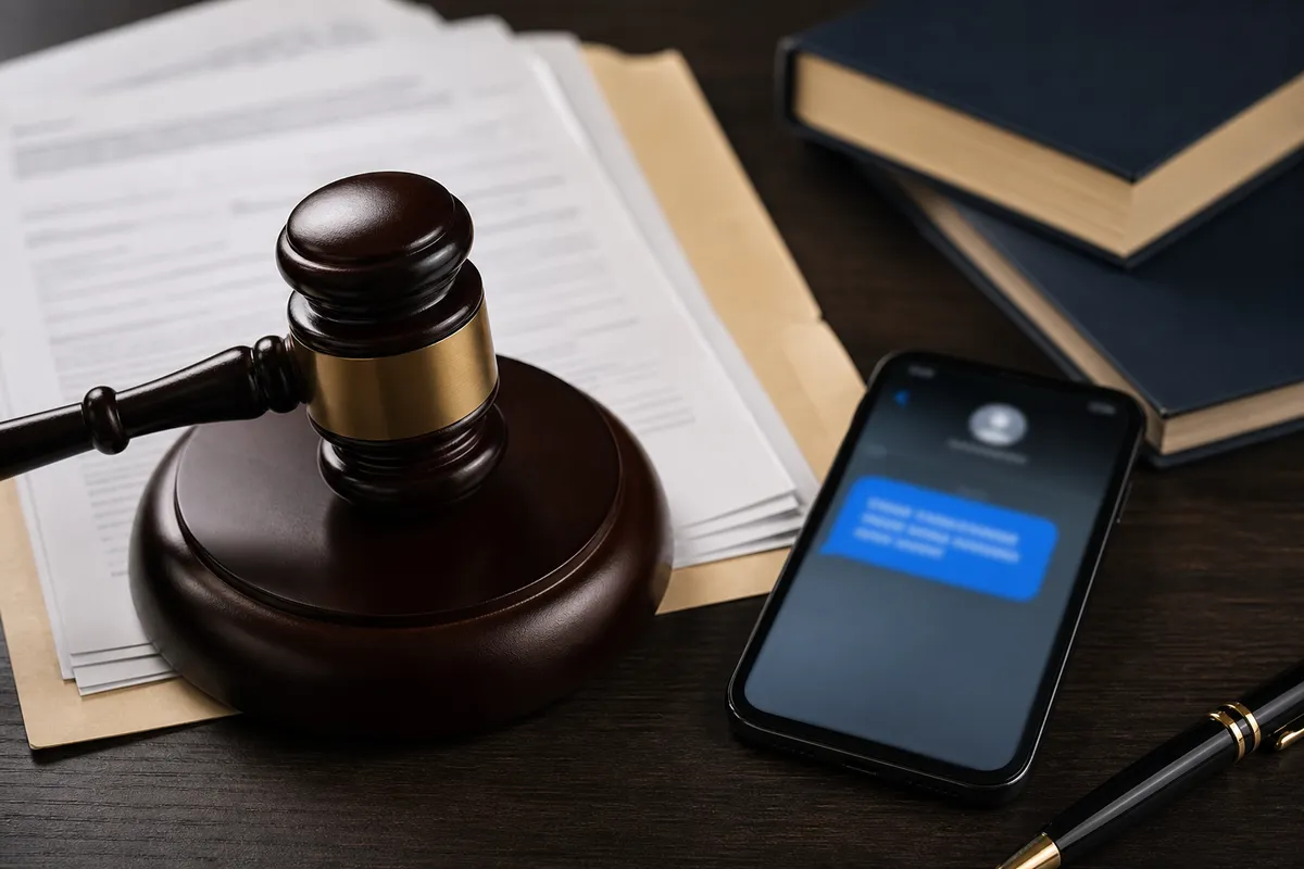 Martelletto del giudice su documenti, con smartphone che mostra una notifica sfocata e libri sullo sfondo