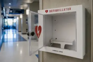 Techetta del defibrillatore vuota con sportello trasparente aperto in un corridoio pubblico