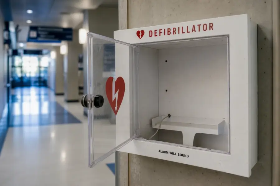 Techetta del defibrillatore vuota con sportello trasparente aperto in un corridoio pubblico
