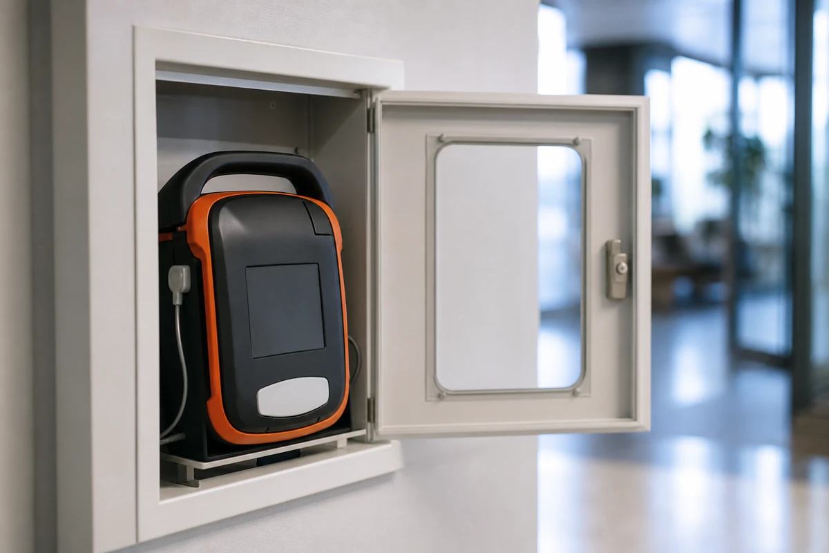 Defibrillatore in una teca d’emergenza a muro aperta, in un ambiente interno con sfondo sfocato