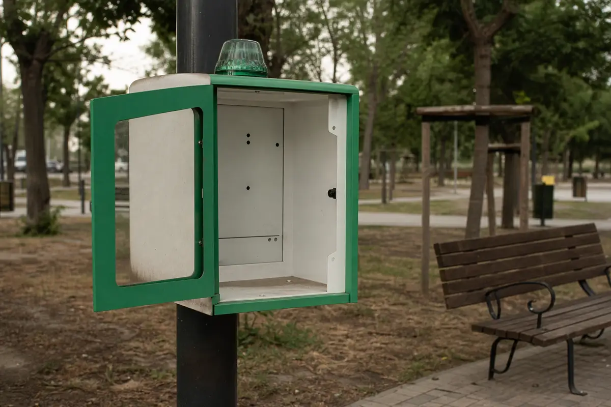 Armadio vuoto per defibrillatore con sportello aperto su un palo, in un parco con panchina e alberi