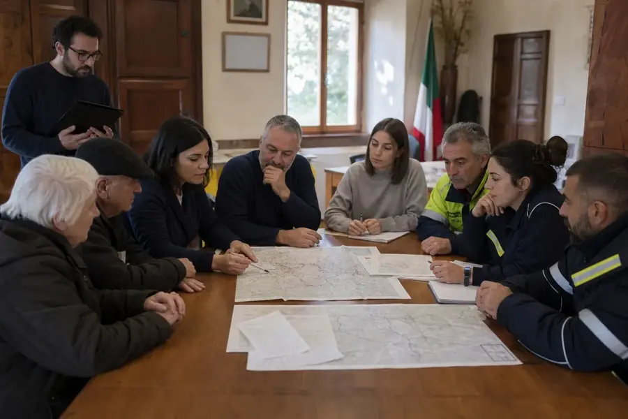 Riunione in municipio: operatori e volontari intorno a un tavolo con mappe e piani di emergenza