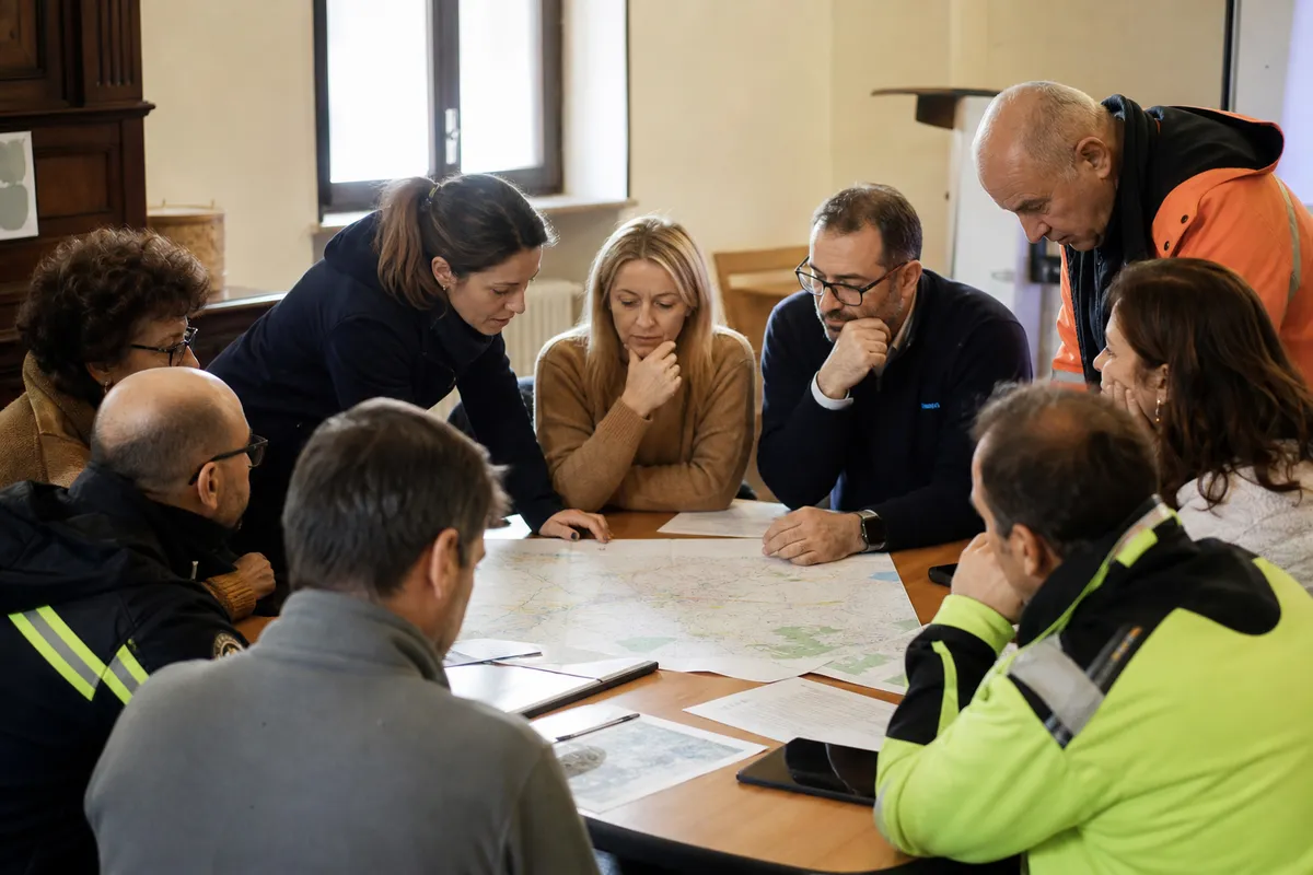Riunione di coordinamento con operatori e volontari attorno a un tavolo con mappe e documenti di emergenza