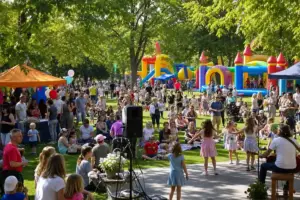 Famiglie e bambini in un parco con gonfiabili colorati, tende e musica dal vivo durante un festival all’aperto