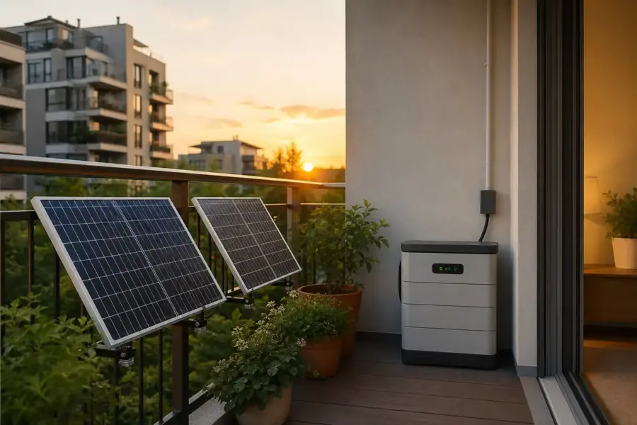 Due pannelli solari su ringhiera del balcone e batteria di accumulo vicino alla parete, al tramonto in città