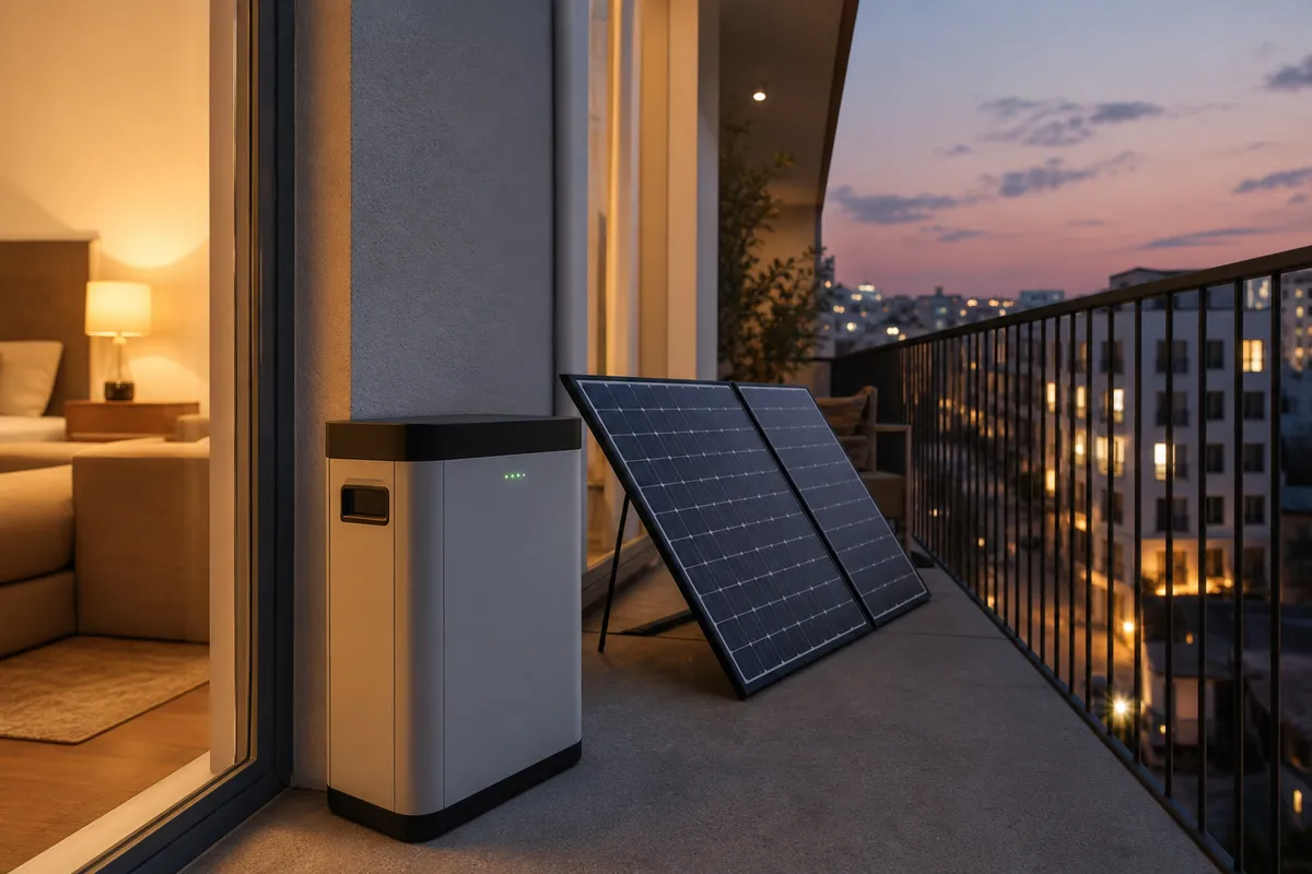 Batteria di accumulo e due piccoli pannelli solari su un balcone al tramonto, con luci di appartamenti sullo sfondo