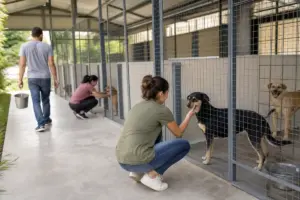 Volontari in un canile con box puliti e cani dietro la recinzione, in un corridoio coperto
