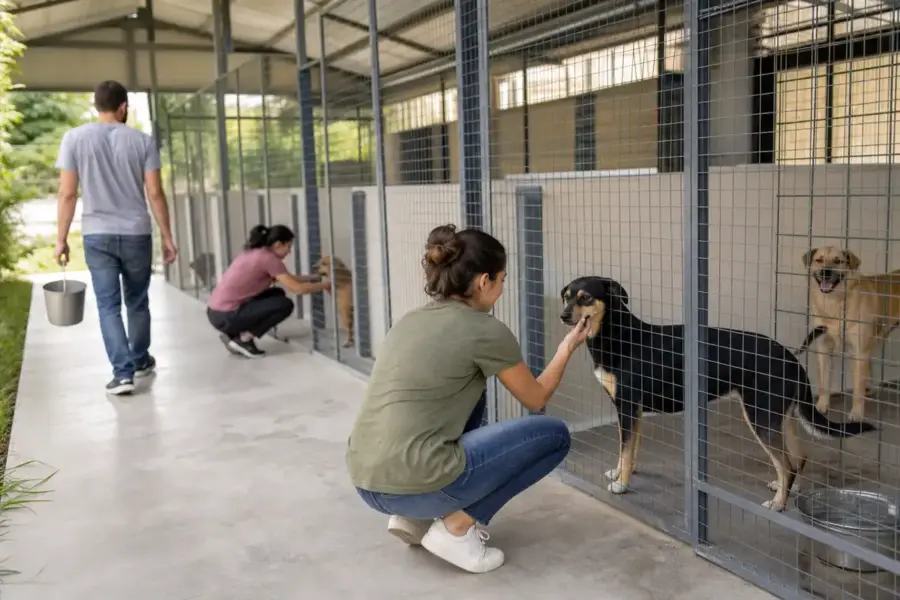 Volontari in un canile con box puliti e cani dietro la recinzione, in un corridoio coperto