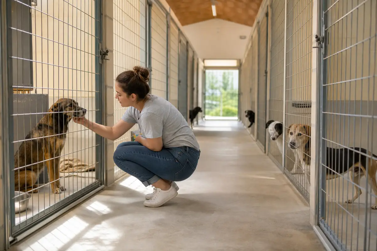 Volontaria accarezza un cane dietro la rete in un corridoio pulito di canile, con altri cani nei box