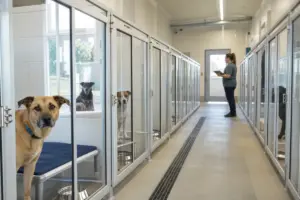 Cani in box moderni e puliti in un canile, con operatore che controlla il corridoio