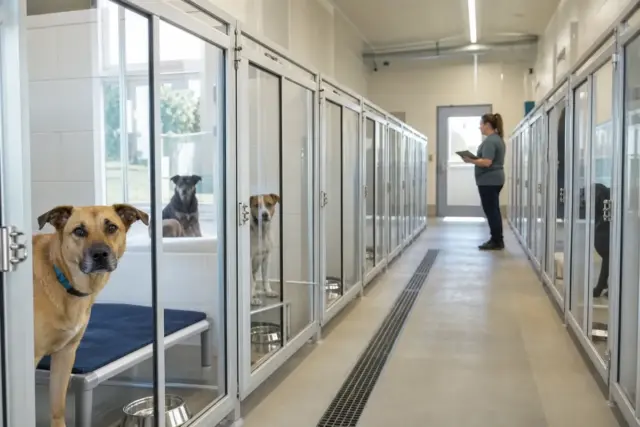 Cani in box moderni e puliti in un canile, con operatore che controlla il corridoio