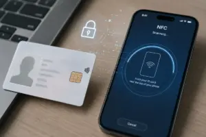 Carta d’identità elettronica con microchip contactless accanto a smartphone con schermata di scansione NFC