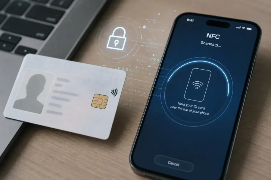 Carta d’identità elettronica con microchip contactless accanto a smartphone con schermata di scansione NFC