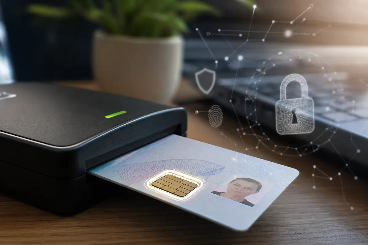 Carta d’identità elettronica con microchip contactless inserita in un lettore, con icone di sicurezza e impronta digitale