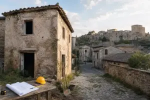 Casa in pietra da ristrutturare in un borgo collinare, con strada in ciottoli e progetto edilizio sul tavolo