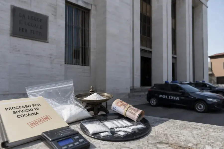 Buste di polvere bianca, bilancino e fascicolo “Processo per spaccio di cocaina” davanti a un tribunale con auto della