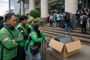 Sostenitori in giacche verdi davanti a un tribunale, con una scatola aperta piena di laptop sulle scale