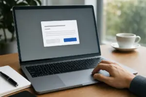 Mano sul trackpad davanti a un laptop con finestra di consenso cookie sullo schermo, su scrivania con tazza e taccuino